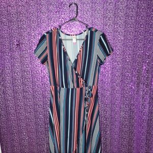 Navy Vertical Stripe Faux Wrap Dress